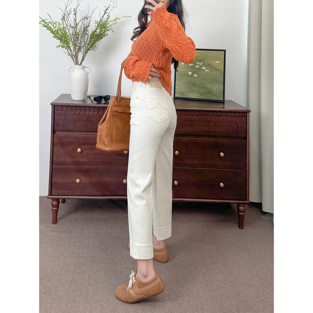Women's High Waist Straight Leg Cropped Jeans Slim Fit Sweet Fresh Solid White Elastic Denim Capri Pants