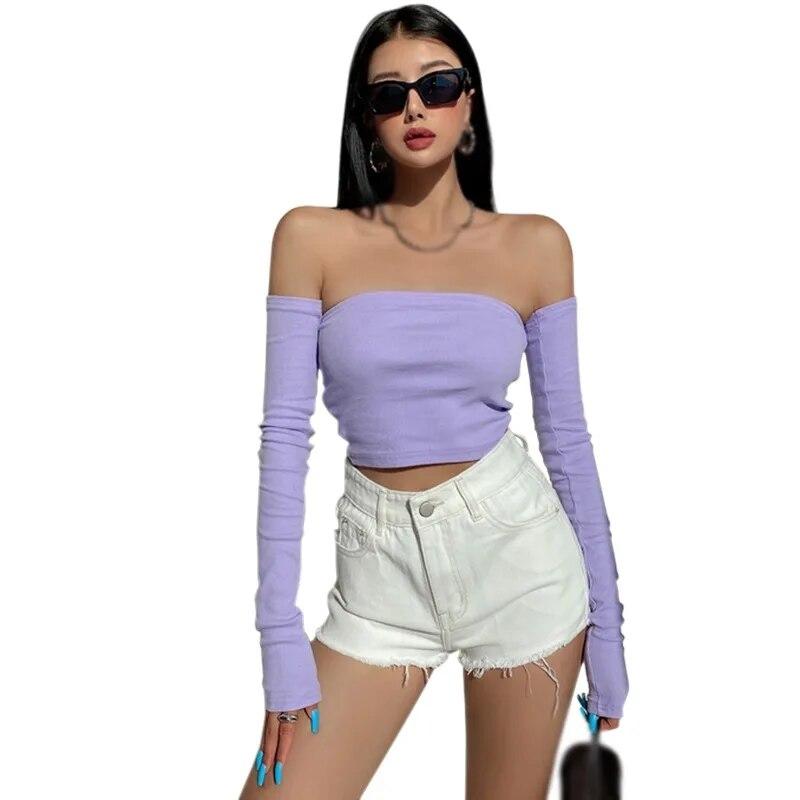 

Сплошной цвет, приталенный трикотаж с длинными рукавами, повседневные футболки с открытыми плечами, укороченный топ, женские блузки, рубашки One Size