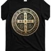 Unisexs Black Roundneck Tshirt with Short Sleeves Featuring A Retro St Benedict Medal Cross Print