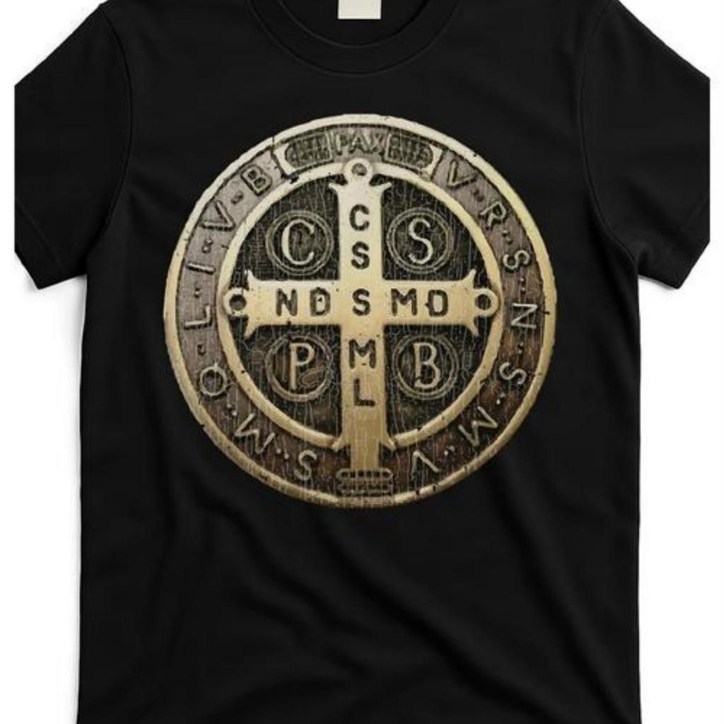 Unisexs Black Roundneck Tshirt with Short Sleeves Featuring A Retro St Benedict Medal Cross Print