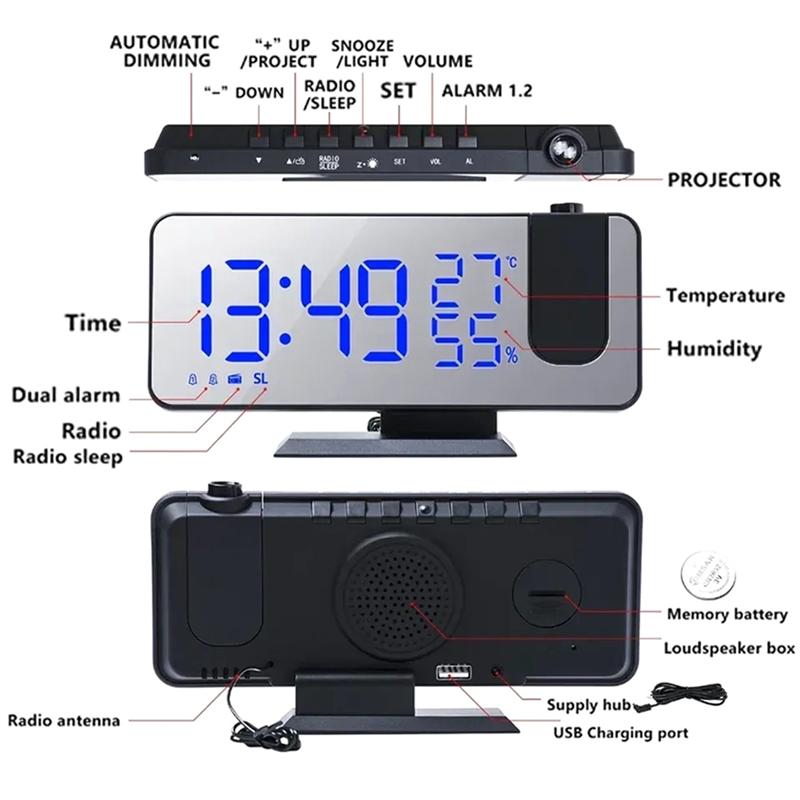 USB Powered LED Digital Projection Clock Mirrow Radio Temperature Humidity Brightness Adjustment Snooze Home Desktop Decoration