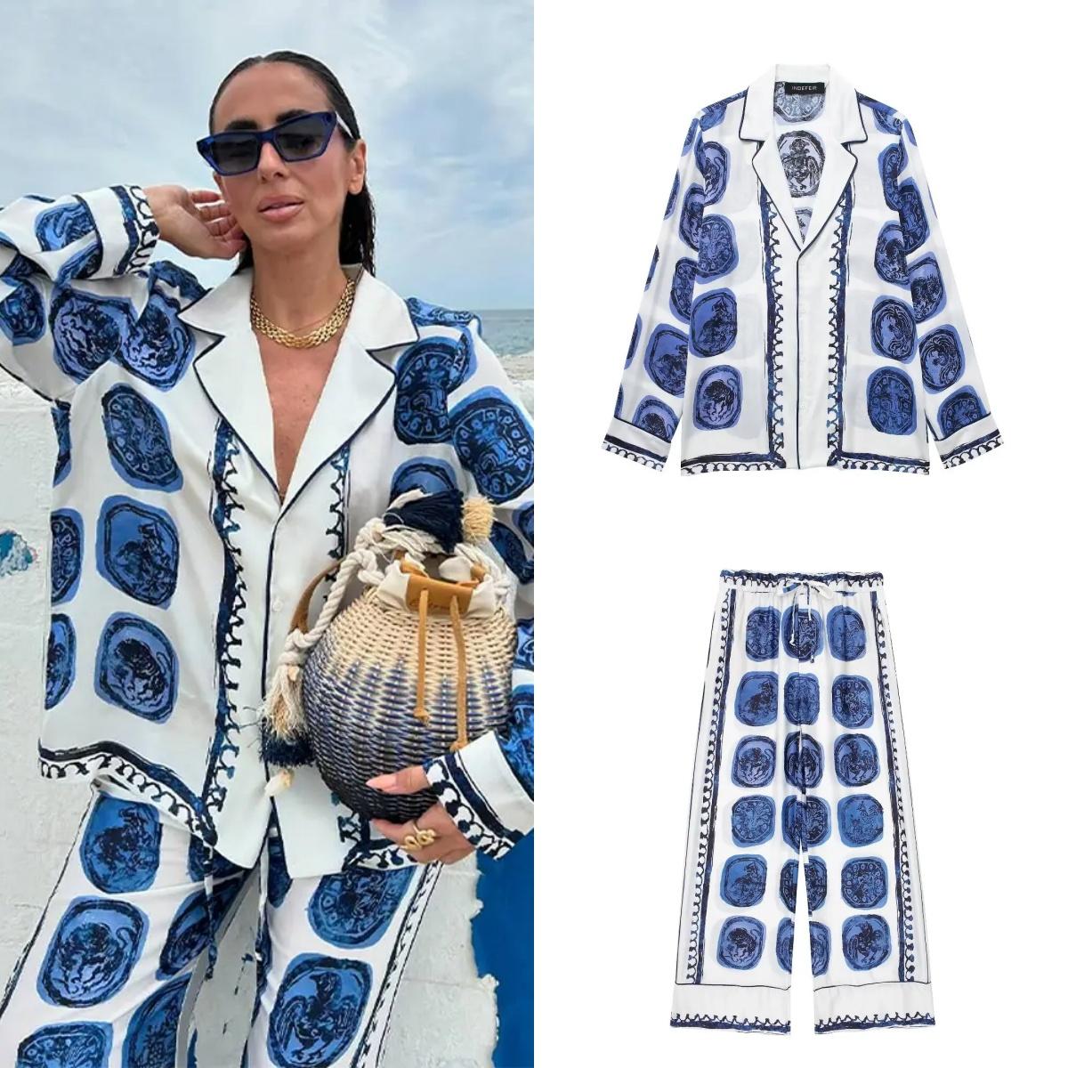 

Винтажные синие рубашки с принтом, брюки, костюмы для женщин, повседневные топы с пуговицами с лацканами, комплекты с широкими брюками, новинка 2024, уличная одежда в пижамном стиле