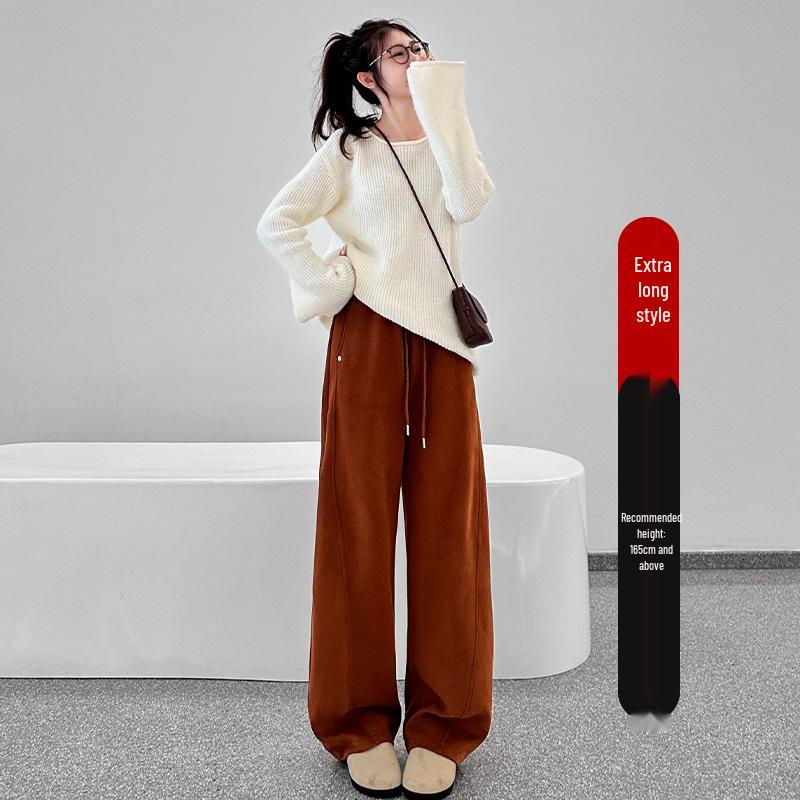 Pantalones de chándal grises de pierna ancha de cintura alta adelgazantes estilo americano para mujer - Primavera Engrosados con Felpa Ajuste Petite
