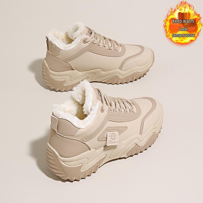 Women's Korean-Style Fleece-Lined High-Top Shoes - Versatile, Thick-Soled, Warm, Cotton Sporty Casual Dad Shoes