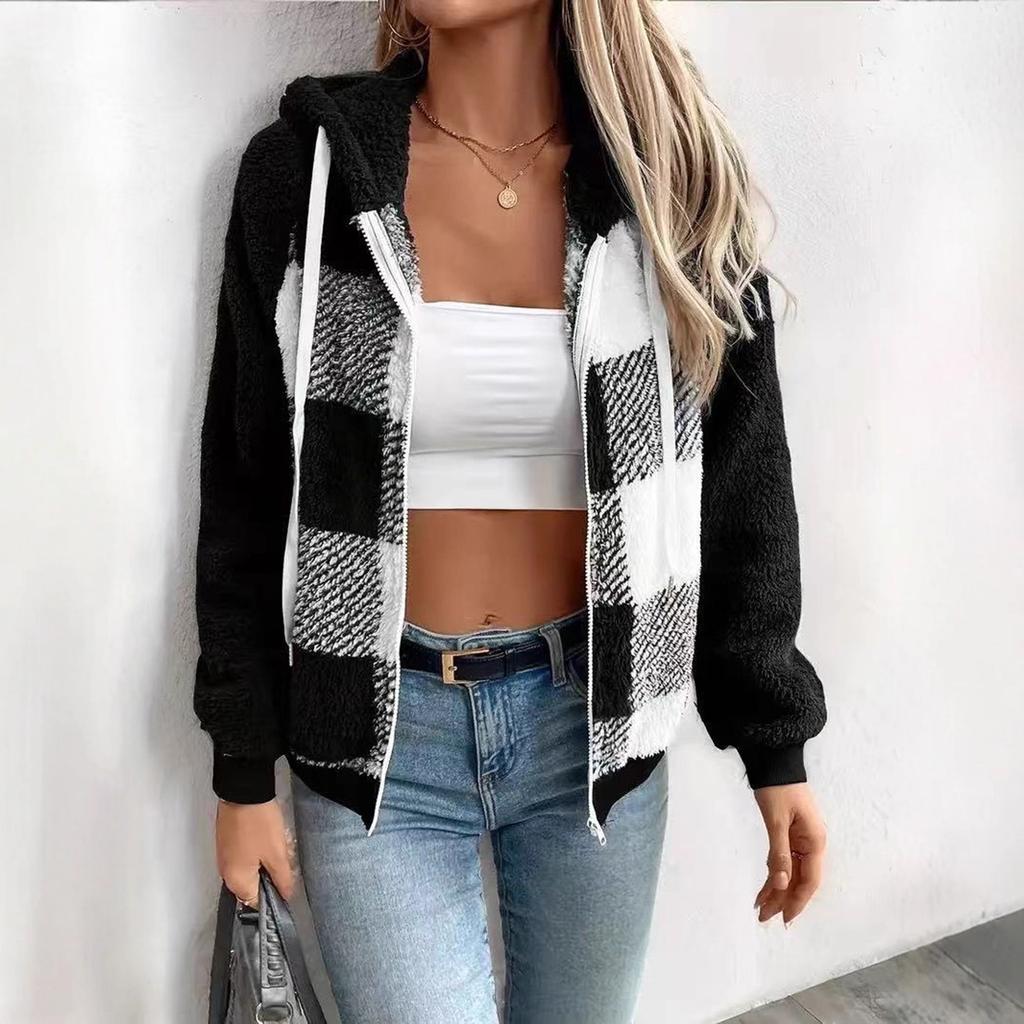 Women's Fashion Plaid Loose Casual Long Sleeve Hooded Fleece Cardigan Zipper Jacket