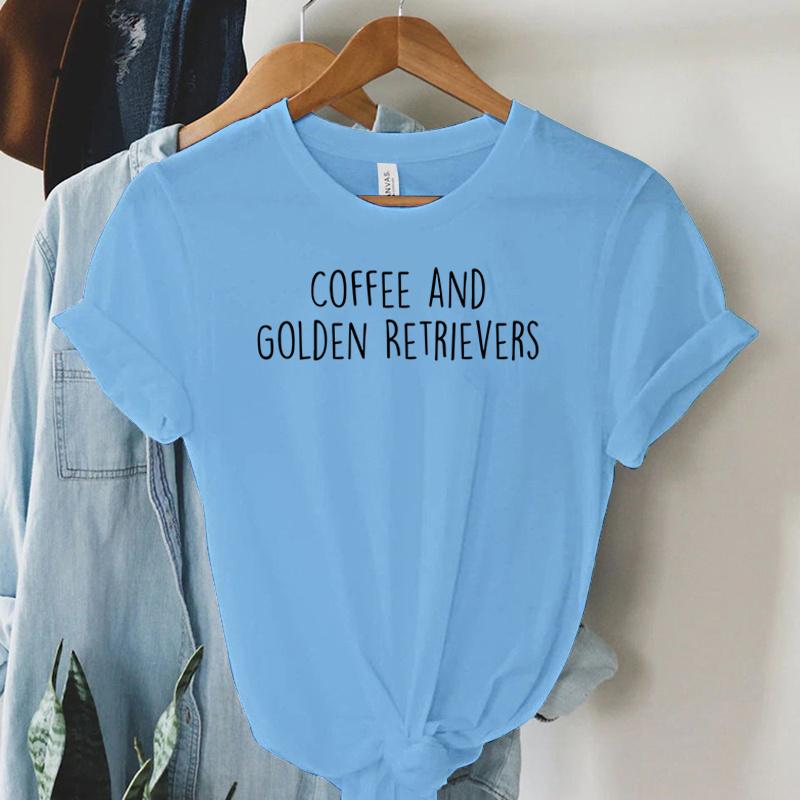 Coffee and Golden Retrievers Shirt Dog Lover Gift Tshirt Female Womens Clothing Round Neck Casual Tops Womens Clothing Sales