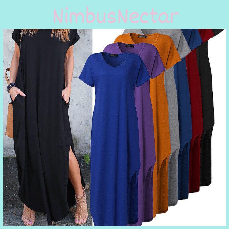Hochwertiges Damen Sommer Maxi T-Shirt Kleid mit kurzen Ärmeln und Taschen