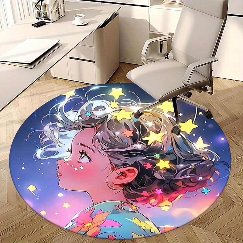 1pc Anime Design Round Carpet Office Chair Mat with Floral Print, Non Slip Rug for Home Decor, All Seasons