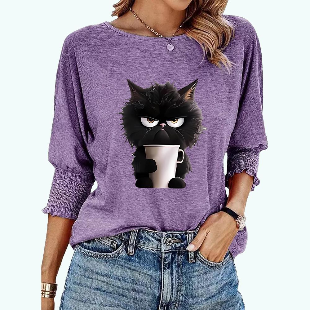 

Футболка большого размера для женщин с принтом кота, повседневная, свободного покроя, с круглым воротником, весна-лето XXL фиолетовый