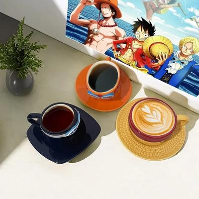 Tazza da caffè Anime con piattino creativo Luffy Ace Sabo Three Brothers Cappello a forma di tazza da caffè in ceramica, regalo di compleanno per bambini