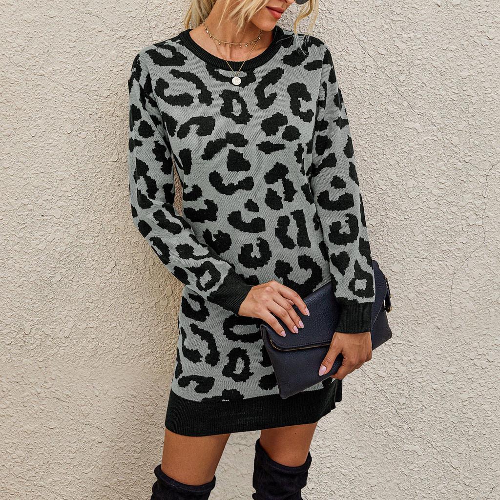 Women  And Winter Fashion Leopard Print Buttock Wrapping Knittin Dress