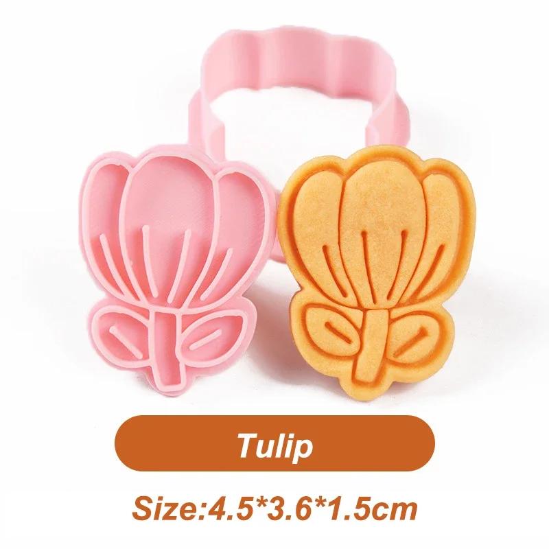 Tulip Rose Sunflower Bouquet Biscuit Embosser Stamp Mold Happy Mother's Day Flower Shaped Cookie Cutters Baking Cake Decor Tools