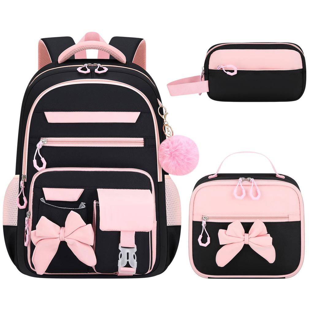 3pecs/set Elementary Bow School Bags Large Capacity Cute Backpack for Junior High School Girls with Pencil Case Lunch Box Set