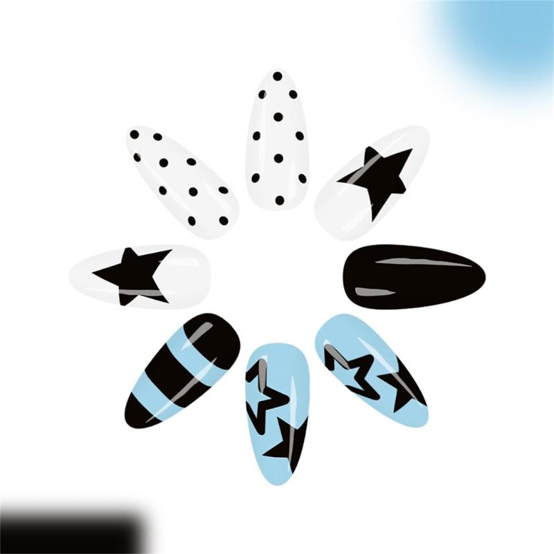 24Pieces Light Blue Star Pattern Glossy Press On Nail Medium Almond Shape Reusable Fake Nail Safe ABS Material Nail Art Designs