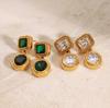 Youthway Vintage Luxury Stainless Steel Geometric White Green Rhinestone Drop Earrings For Women Anti Allergic Jewelry Set
