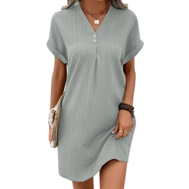 Women Solid Color V-neck Short Sleeve Dress Casual Dress