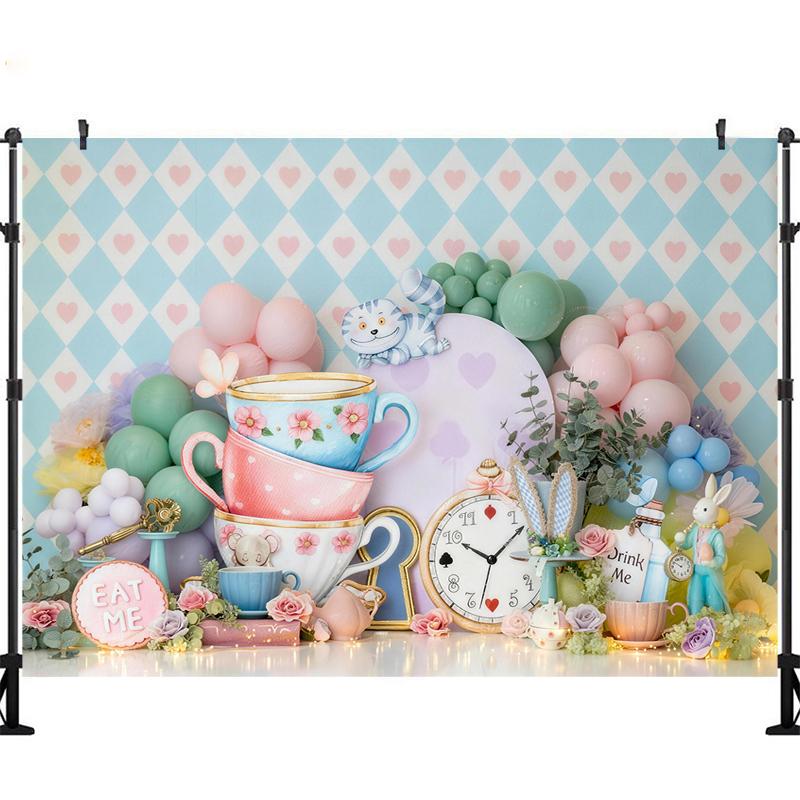 LS Tea Party Backdrop Photography Princess First Birthday Party Decorations Alice in Wonderland Birthday Photo Background Banner Cotton-150x100cm