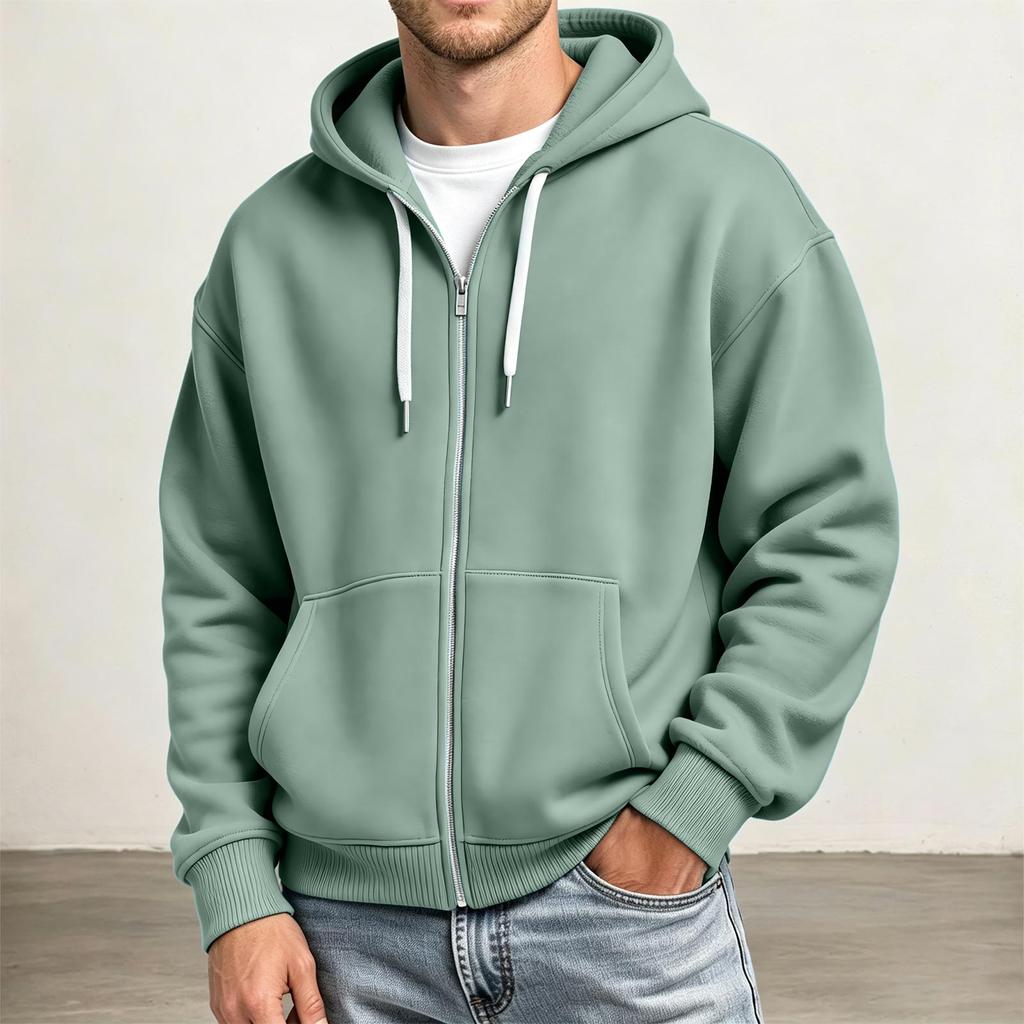 Men's Full Zip Hoodie Drop Shoulder Sleeves, Casual Long Sleeve Sweatshirt for Everyday Wear