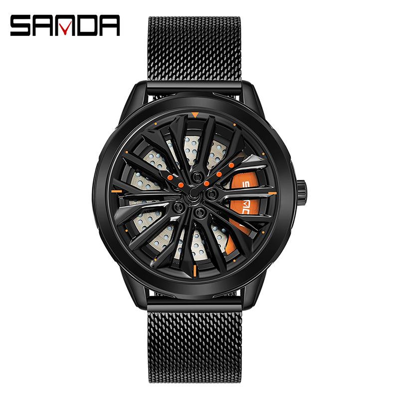 Sanda Men's Creative Rotating Quartz Wristwatch with Mesh Strap