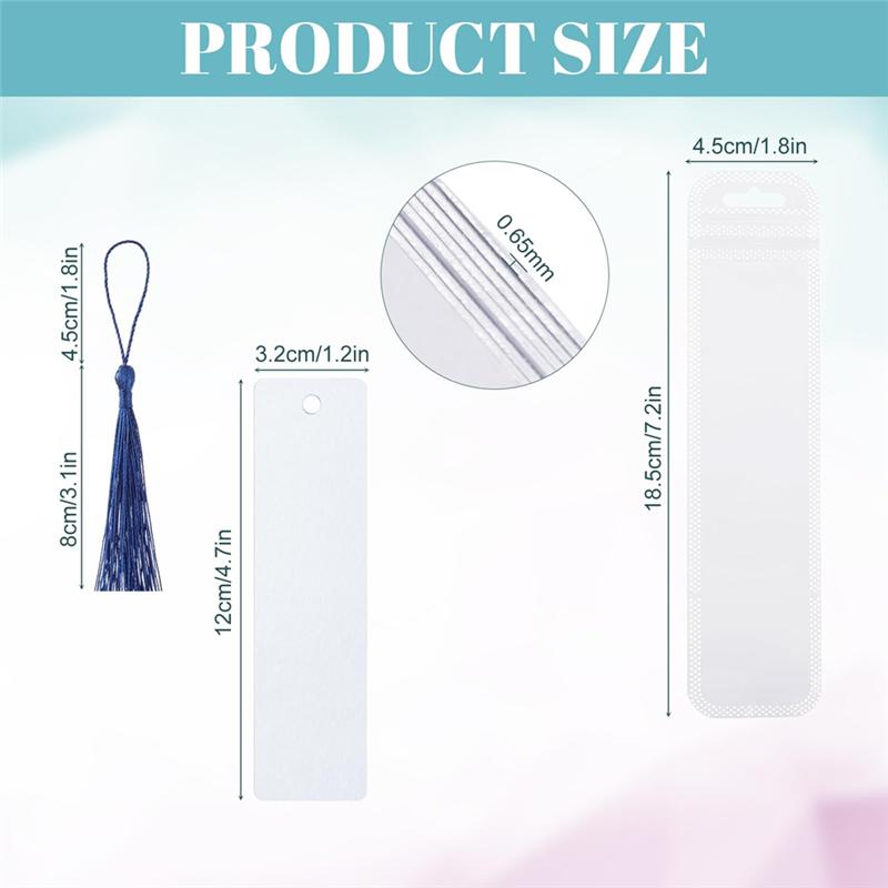 50 Sets Sublimation Blank Bookmarks, DIY Blank Aluminum Metal Bookmarks With Clear Bookmark Sleeves Tassels