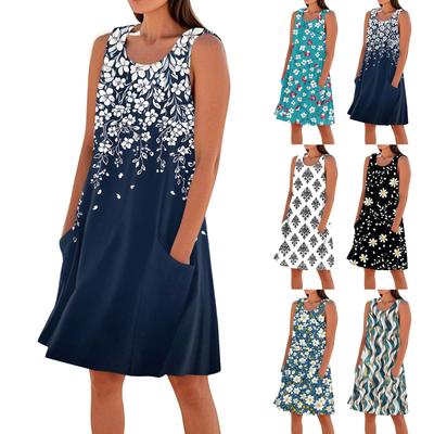 Print Dresses For Women Loose Beach Vacation Casual Sleeveless Sundresses With Pockets Tank Dress