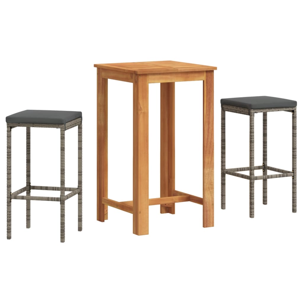 3 Piece Outdoor Bar Set Gray Solid Acacia Wood and Poly Rattan