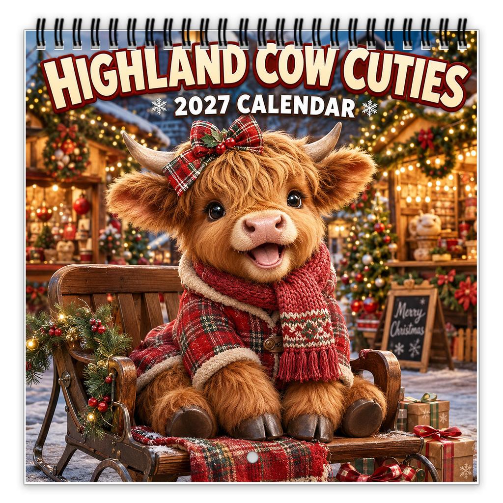 1 Pc Highland Cow Wall Calendar, Spiral Bound 12 Month Animal Calendar with Large Writable Date Boxes, Home Office Decor Gift