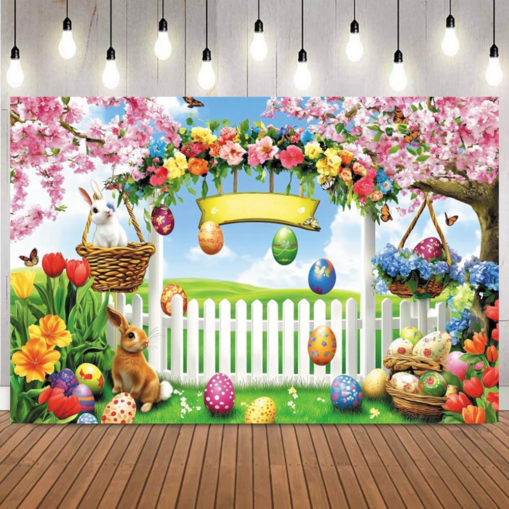 Happy Easter Party Decorations Photography Background Spring Forest Bunny Eggs Children Birthday Photobooth Backdrop Props10