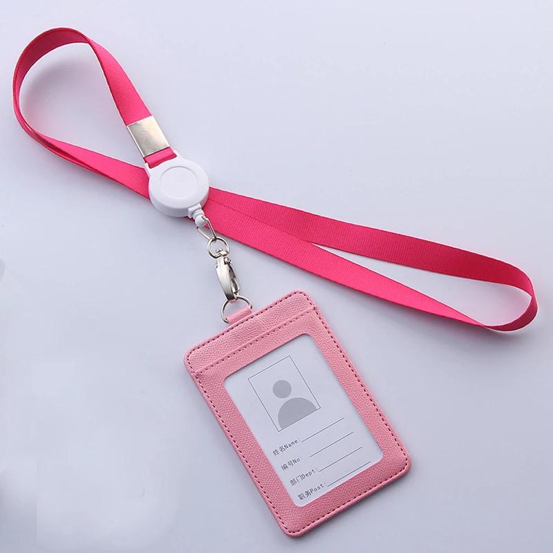 Retractable Lanyards ID Badge Holder Leather Bank Bus Pass Card Case Cover Men Women's Bank Credit Card Holder Strap Cardholder