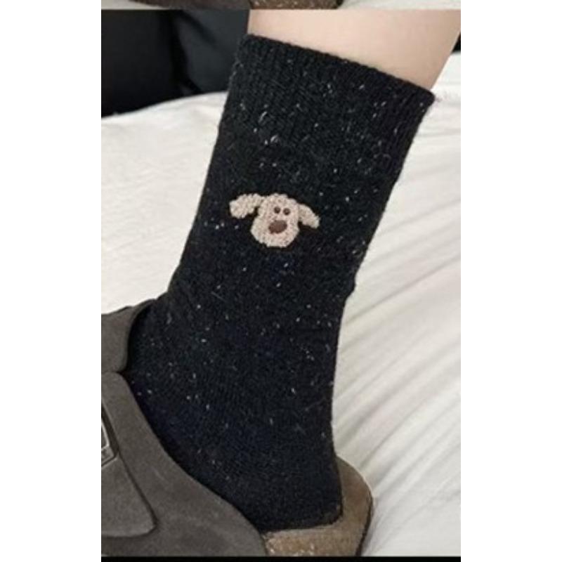 Female Autumn and Winter Thickened Warm Cute Cartoon Embroidered Puppy Wool Drum Pile Socks