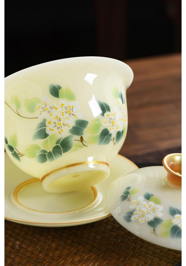 Premium Jade Porcelain Gaiwan Tea Set - Large Capacity, Three-Piece Hovering Brewer for Home Use and Souvenir Gifts