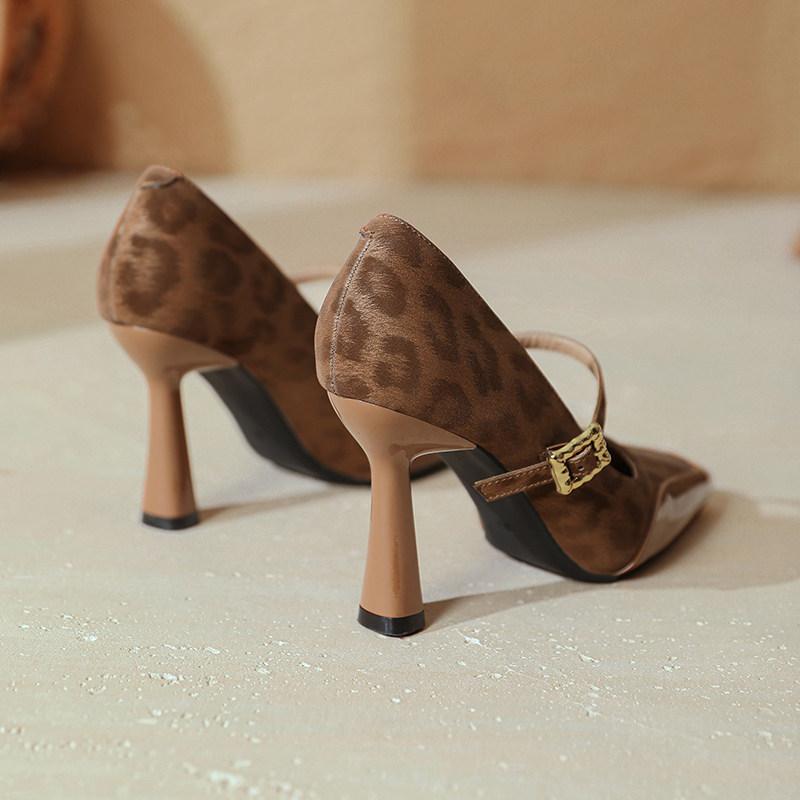 First encounter with leopard print royal sister brown high heels 2025 autumn new Hong Kong style single shoes with coat Mary