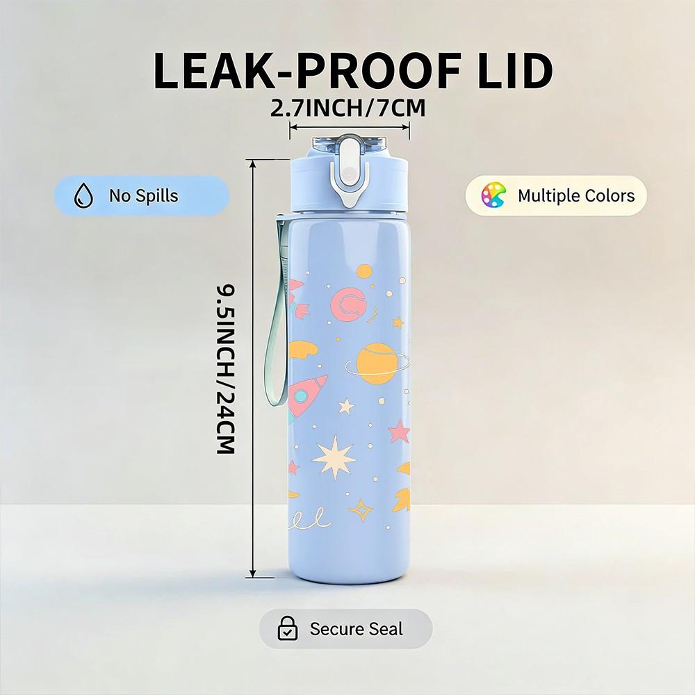 1PC Planet Rocket Space Pattern 750ml Color Plastic Sports Water Bottle Leakproof Flip Straw Lid Suitable for Sports Office Home Use