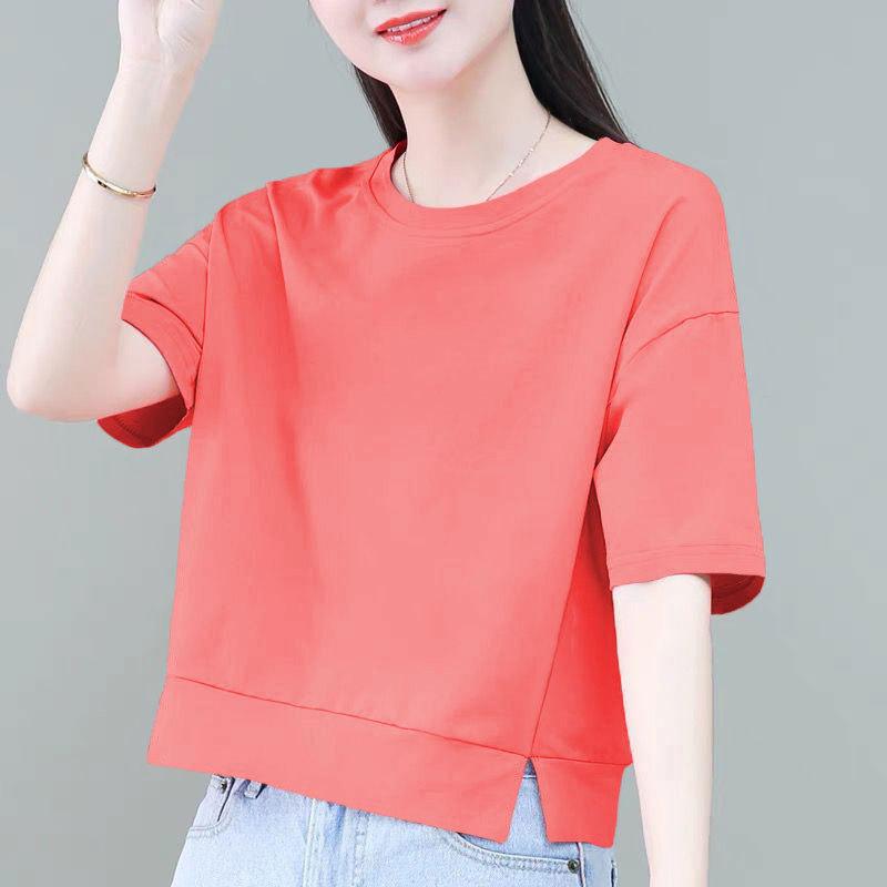 

Летний тонкий свободный однотонный чистый хлопок с короткими рукавами для женщин XL розовый