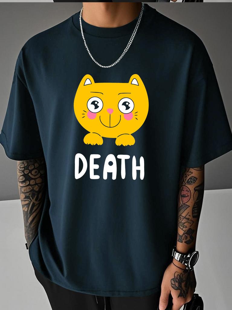 Unisex Summer Casual Short Sleeve T Shirt Cute Yellow Cat Death Letter Graphic Oversized Loose Tees Street Daily Fashion Tops