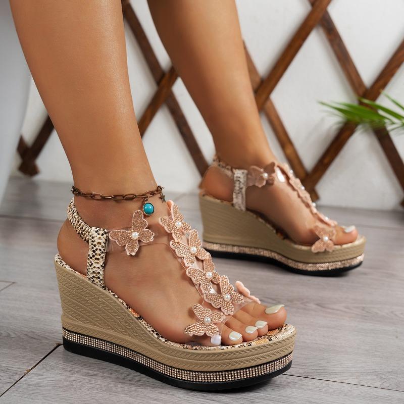 Fashion Women Clear PVC Sandals Women's High Heel Wedge Sandals Platform Fashionable Butterfly Decoration Glitter Sandalias De Mujer