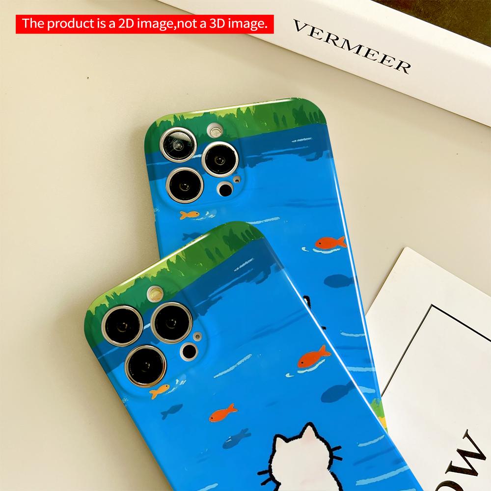 White Cat Watching Fish by the Lake All Inclusive Film Hard Phone Case, Compatible with iPhone 18 Pro Max 17 16 15 14 13 12 11