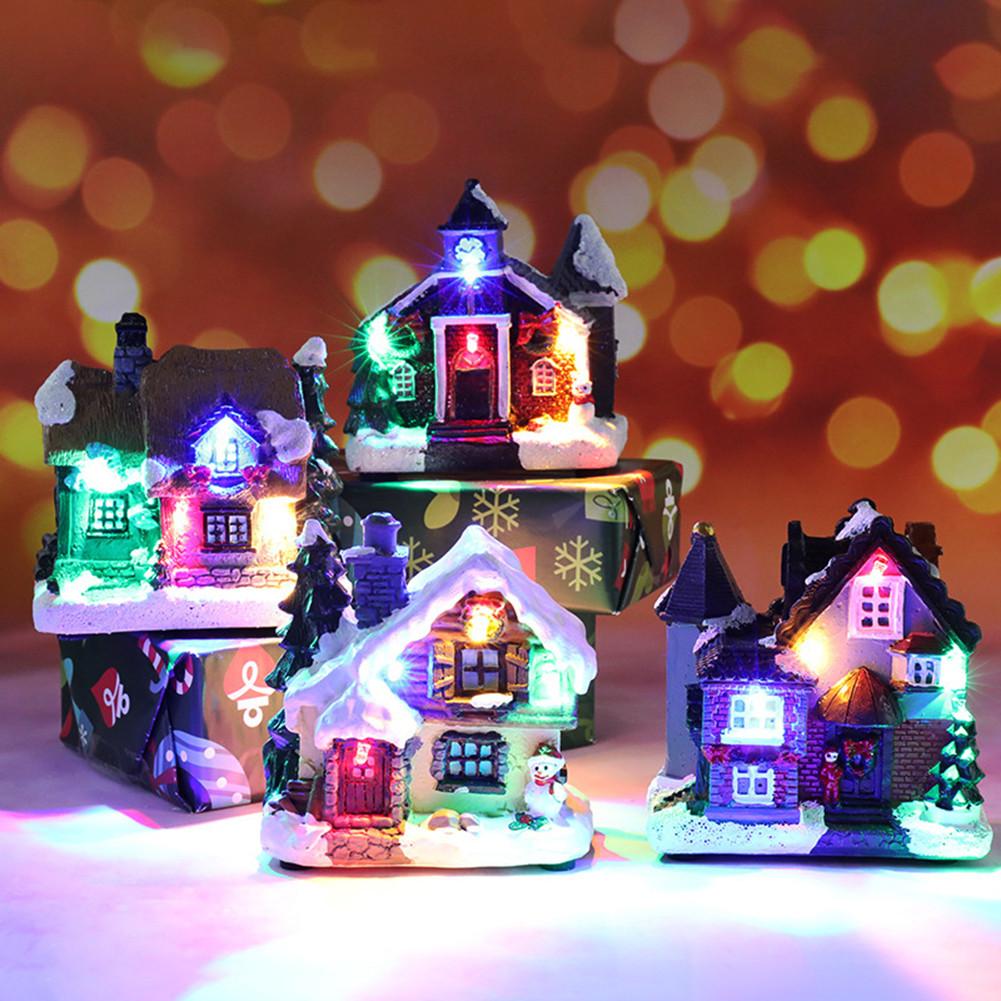 Mini Christmas Village Houses LED Lighted Resin Cottage Figure Christmas Decorations Seasonal Electric Figures For Fireplace