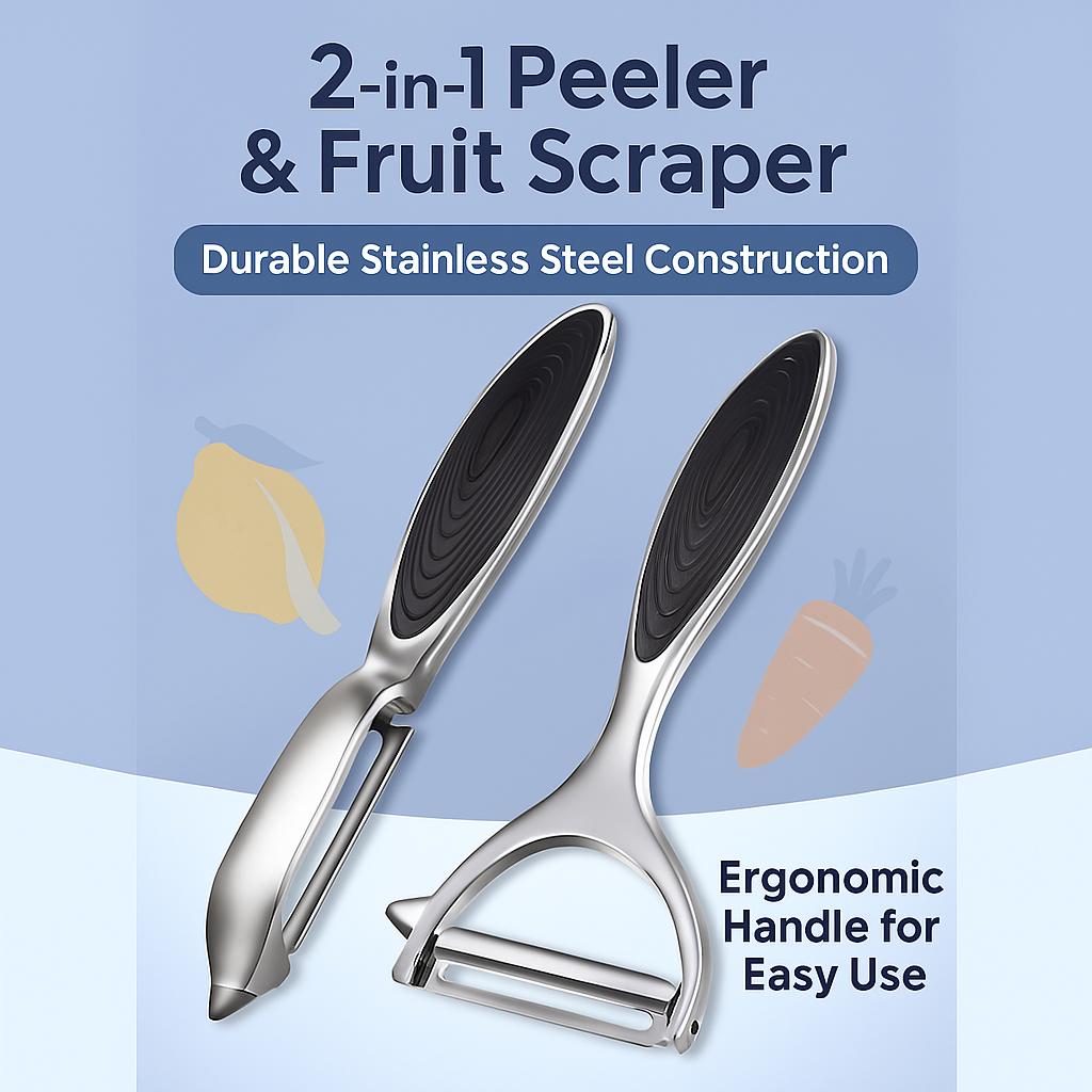 2-in-1 Stainless Steel Peeler and Fruit Scraper with Zinc Alloy Handle