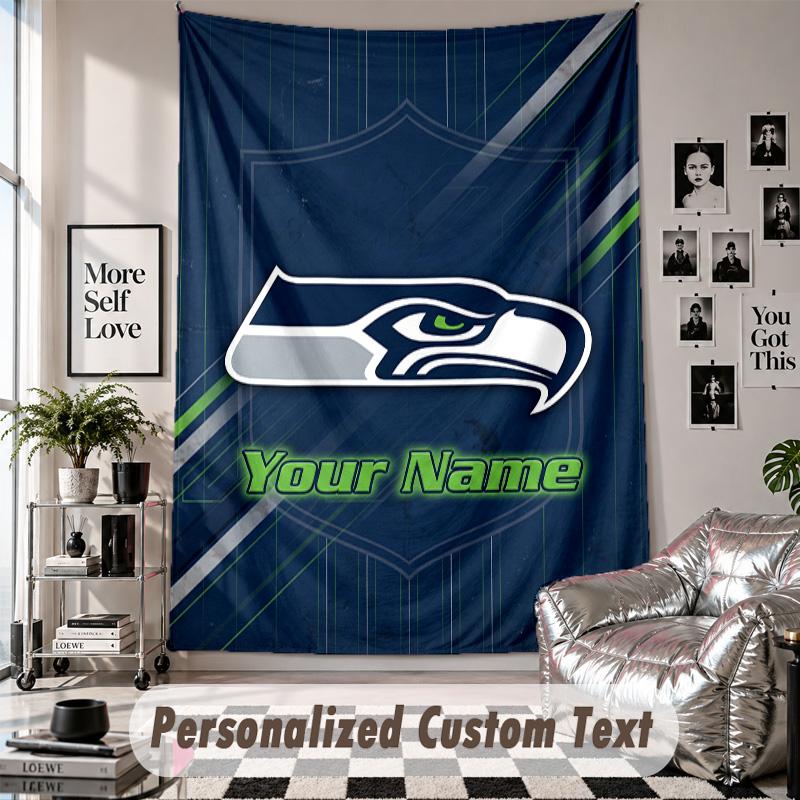 Wall Hanging Tapestry With Custom Name & Text, Seattle Seahawks Decorative Tapestry For Bedroom