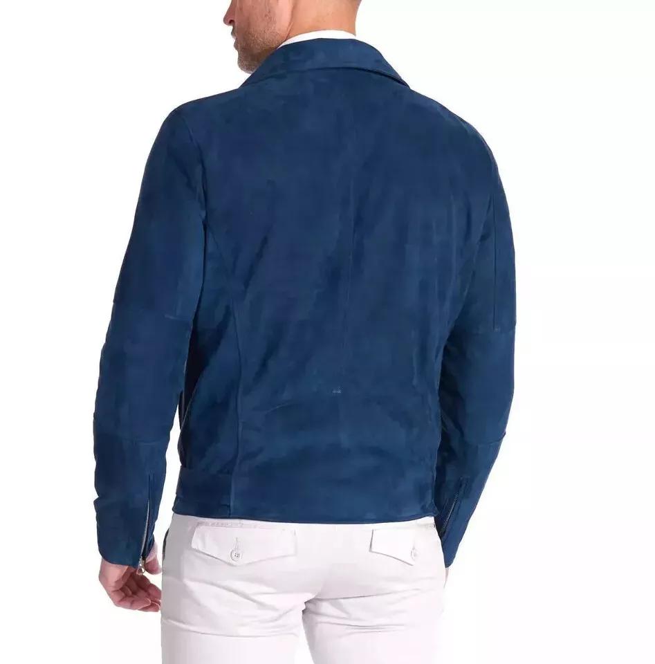 Men's Navy Blue Genuine Pure Soft Suede Leather Jacket Motorcycle Biker Casual