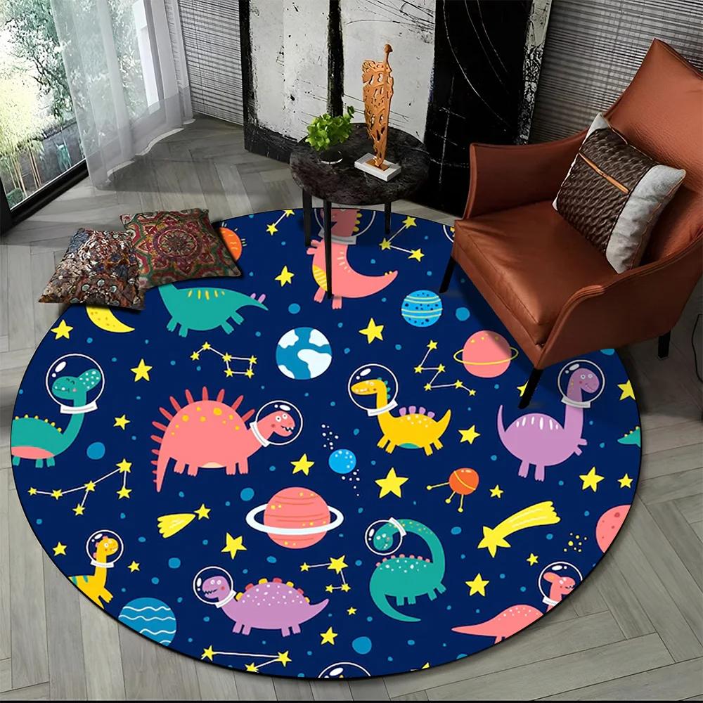 Cartoon Dinosaur Space Cute Dino Children Area Rug,Round Carpet for Living Room Bedroom Sofa Decoration,Kids Non-slip Floor Mat