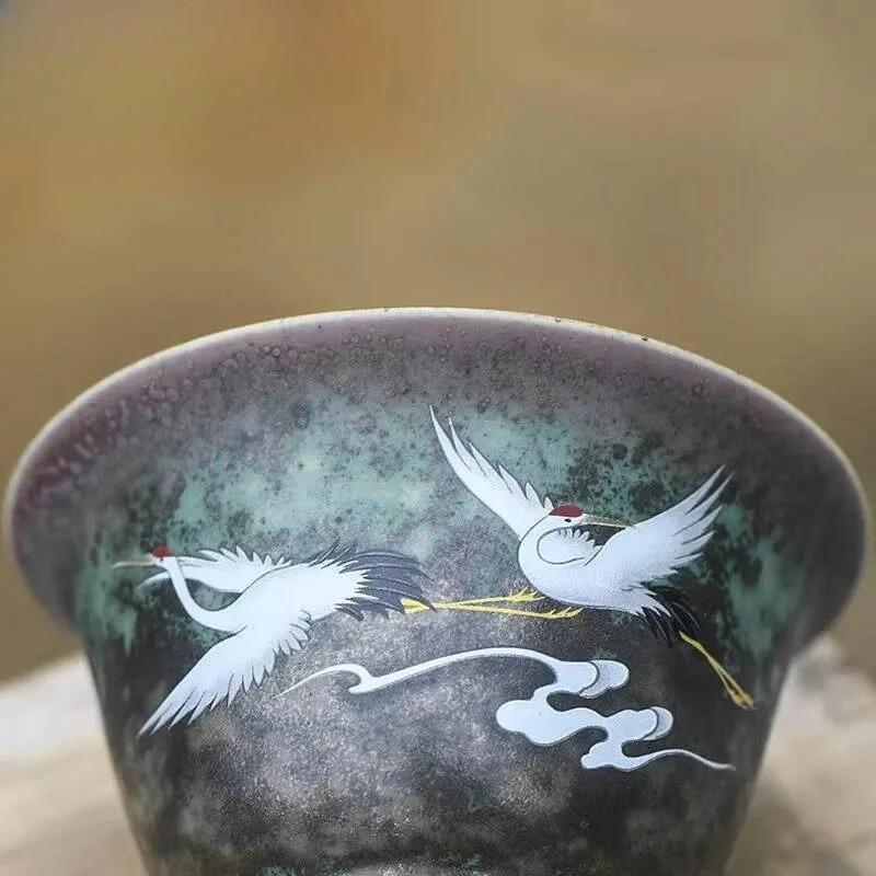 160ml Antique Kiln Change Glaze Gaiwan Creative Crane Tea Tureen Household Tea Maker Cover Bowl Tea Services Supplies Decoration