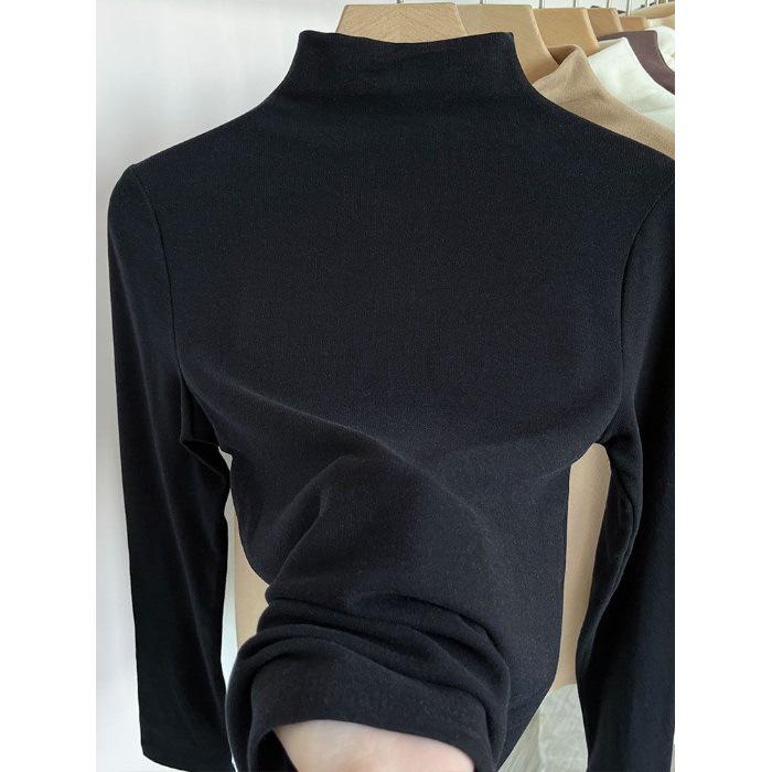 Women's Autumn/Winter Slim Fit T-Shirt: Warm Pure Color Half-Turtleneck Long Sleeve Base Layer