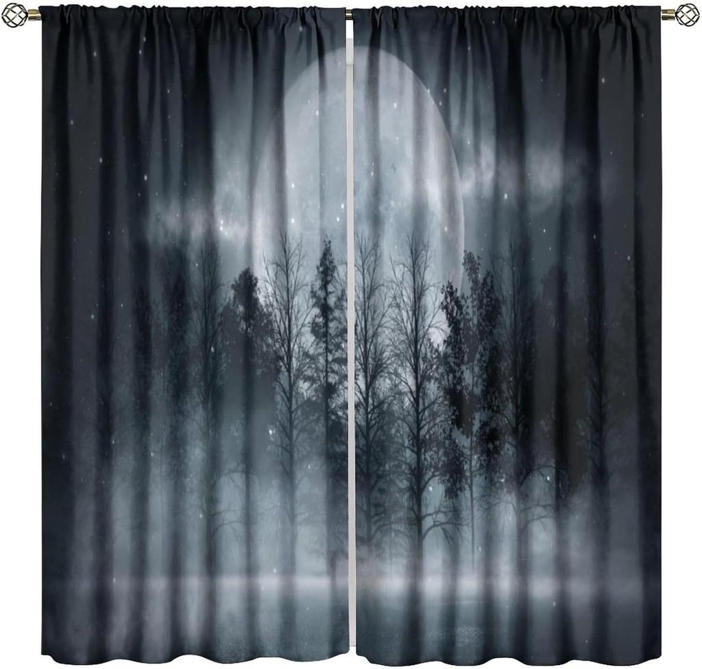 Gothic Dark Misty Forest Curtains Mysterious Horror Foggy Dim Dead Jungle Under Strange Bright Moon Thermal Insulation Blackout Made Of Polyester