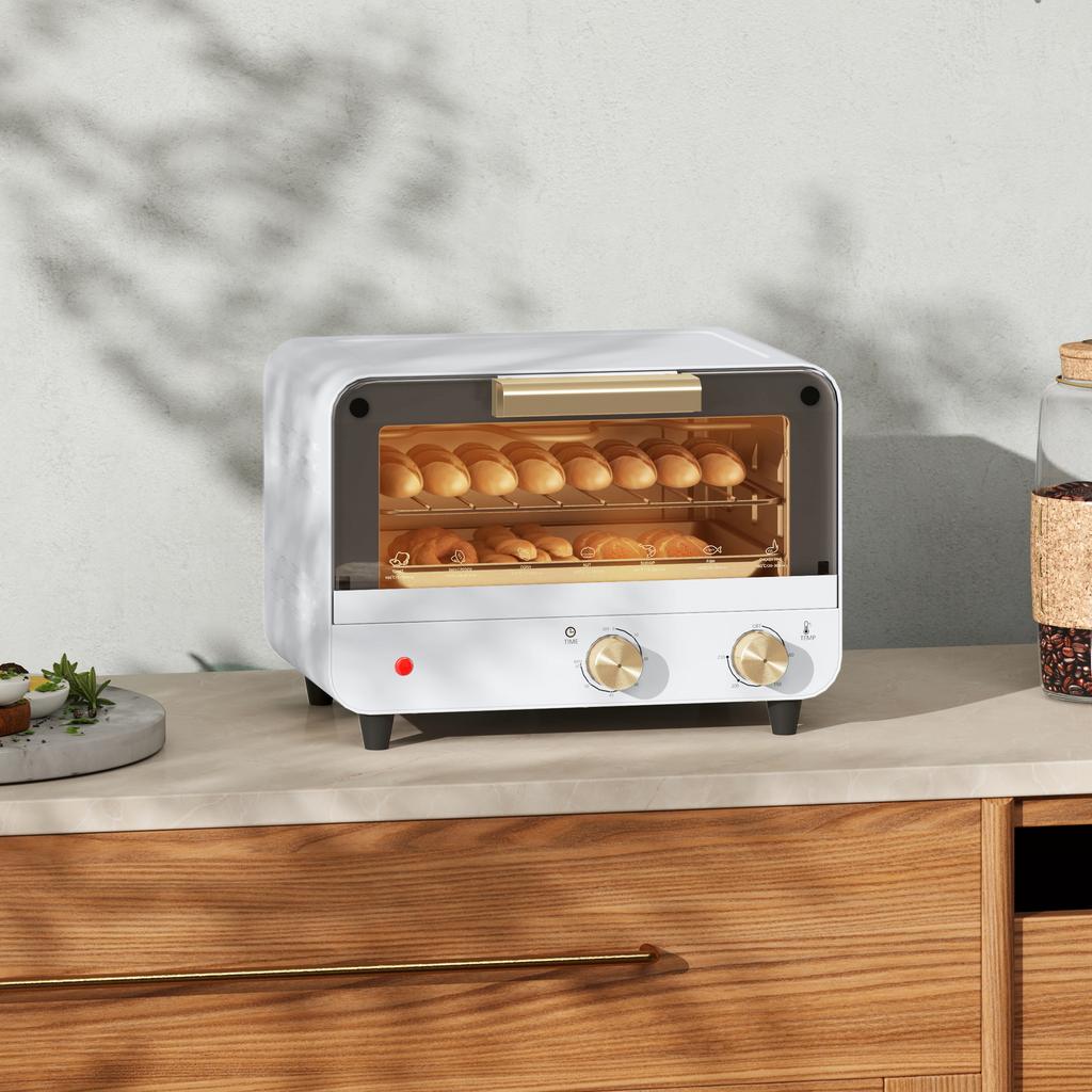 Electric Oven 12L with Timer and Adjustable Temperature, in Steel and Plastic, 31.5x27.7x22.7 cm, White and Gold