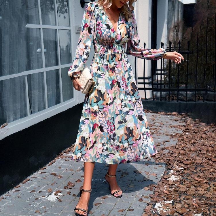 Autumn Winter Women Casual Dress Long Sleeve V Neck Print A Line Knee Length High Waist