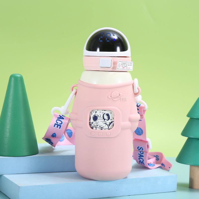 Cartoon Smart Temperature Display Thermos Cup Student Silicone Cover Portable Water Cup 316 Stainless Steel Children'S Learning Drinking Straw Cup