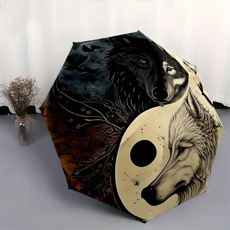 1pc Yin Yang Wolf Pattern Automatic 3-Fold Umbrella, 8 Iron Frames, High-Value Folding Umbrella, Suitable for Office, Travel and Outdoor Adv