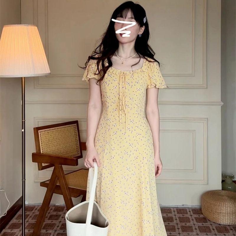 French temperament bubble sleeve yellow floral dress children's summer new small super good-looking long dress